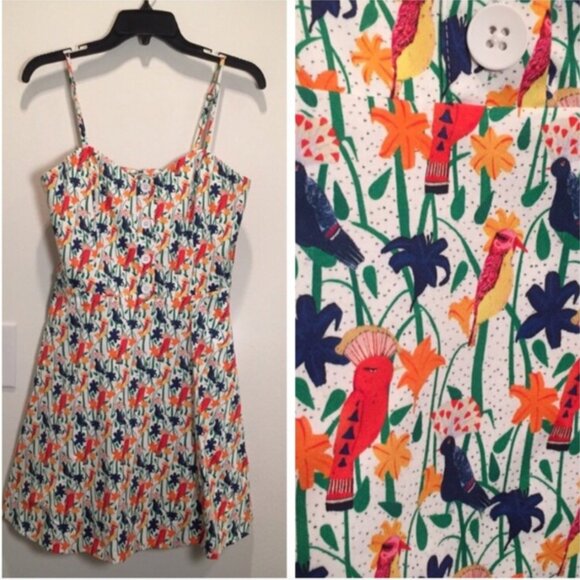 New! Alice + Olivia Nella Button Front Bird Print Mini Summer Dress ~ Size 8 - Picture 3 of 10